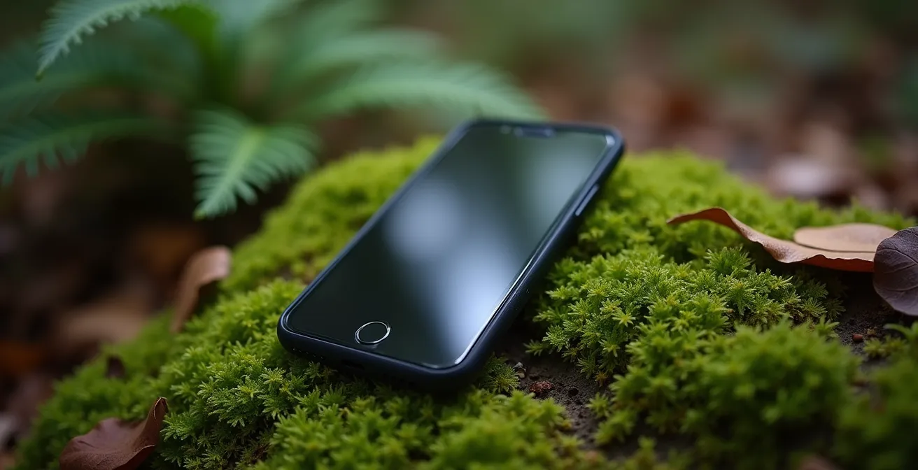 Scène de détox digitale avec téléphone posé sur mousse forestière