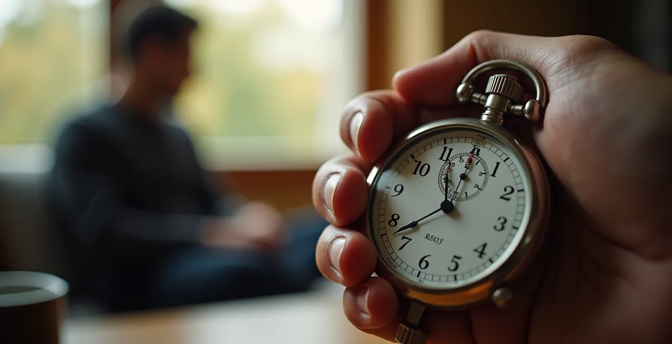 Gros plan sur une main tenant un chronomètre avec une personne floue en arrière-plan pratiquant le test respiratoire