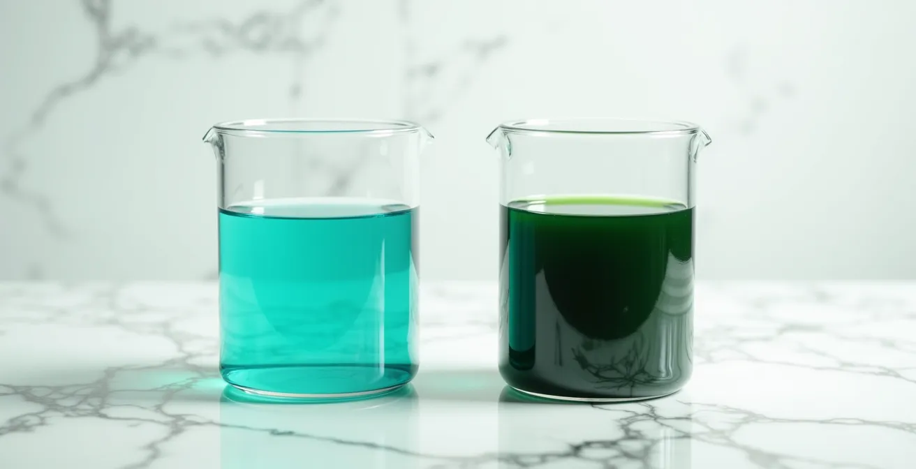Deux verres d'eau côte à côte montrant la différence de pigmentation entre spiruline artisanale et industrielle