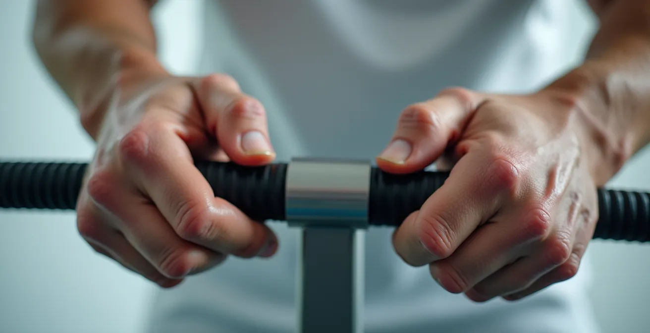 Mains d'adulte tenant un dynamomètre en position de test standardisée