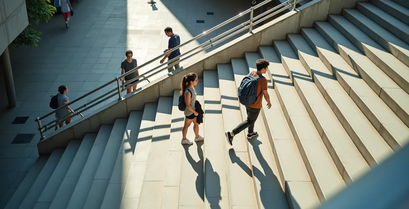 Vue large d'un environnement urbain avec des personnes actives montant des escaliers publics
