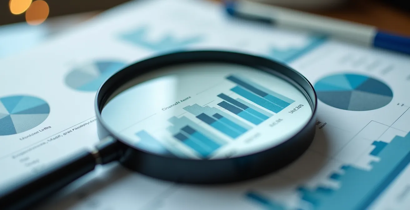 Composition photographique avec une loupe examinant des documents suggérant des liens financiers