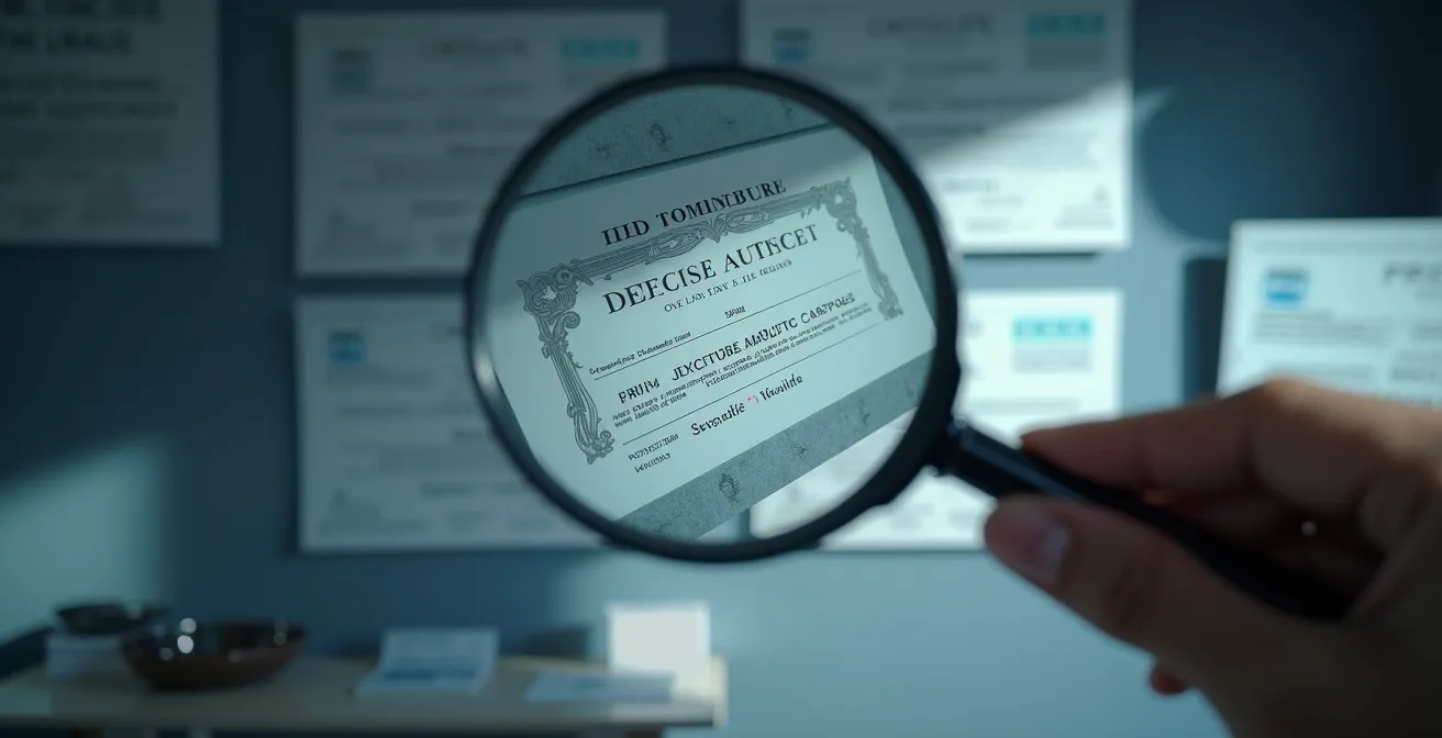 Main tenant une loupe examinant des documents diplômes flous, symbolisant la vérification du sérieux d'un praticien.