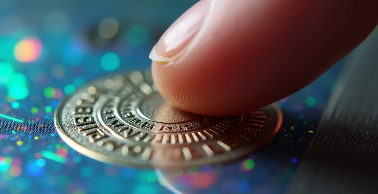 Gros plan sur une main cliquant sur un logo de certification avec effet de zoom sur les détails de sécurité