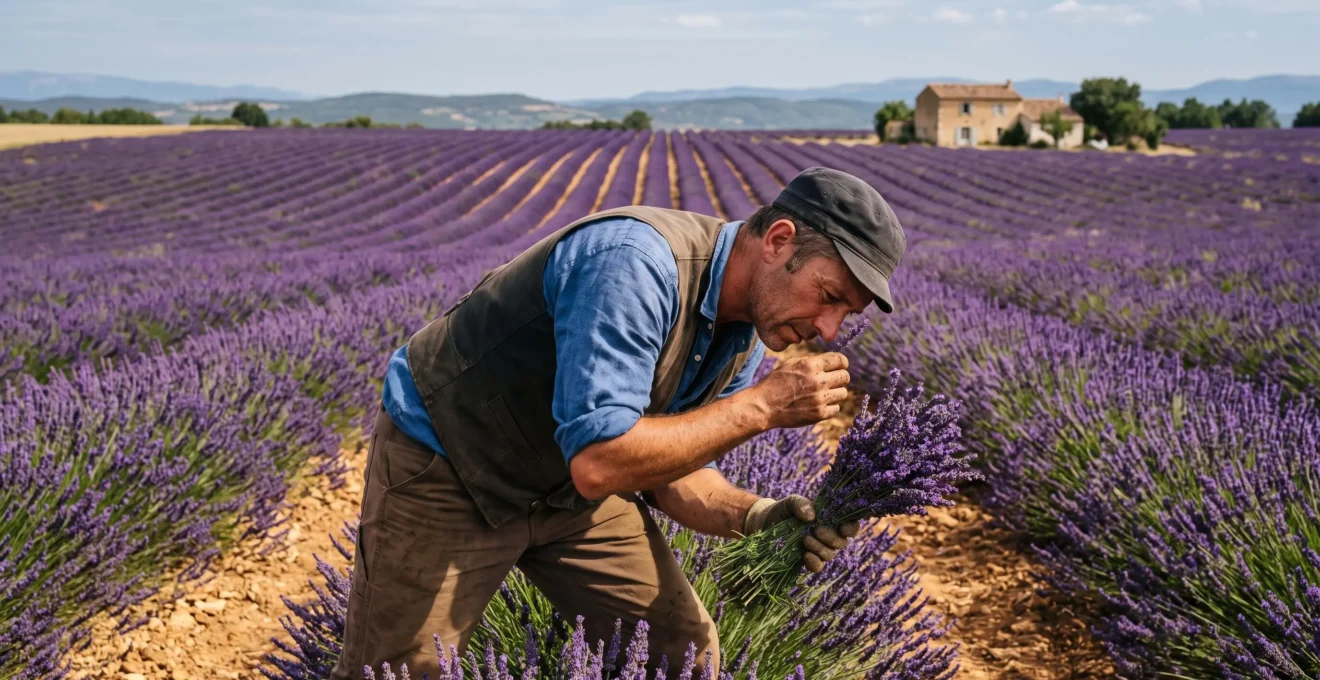 Un agriculteur inspectant des brins de lavande coupés au milieu d'un champ en fleurs sur le plateau de Valensole.