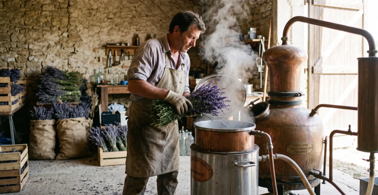 Un distillateur provençal chargeant des bottes de lavande fraîche dans un alambic traditionnel, vapeur s'élevant de la cuve, dans une distillerie rurale.