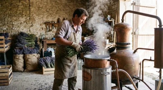 Un distillateur provençal chargeant des bottes de lavande fraîche dans un alambic traditionnel, vapeur s'élevant de la cuve, dans une distillerie rurale.