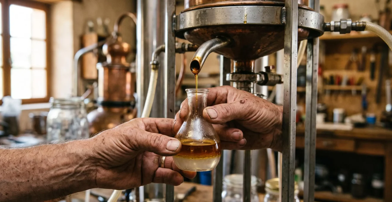 Gros plan sur l'huile essentielle de lavande s'écoulant de l'essencier dans un flacon en verre tenu par les mains d'un distillateur.