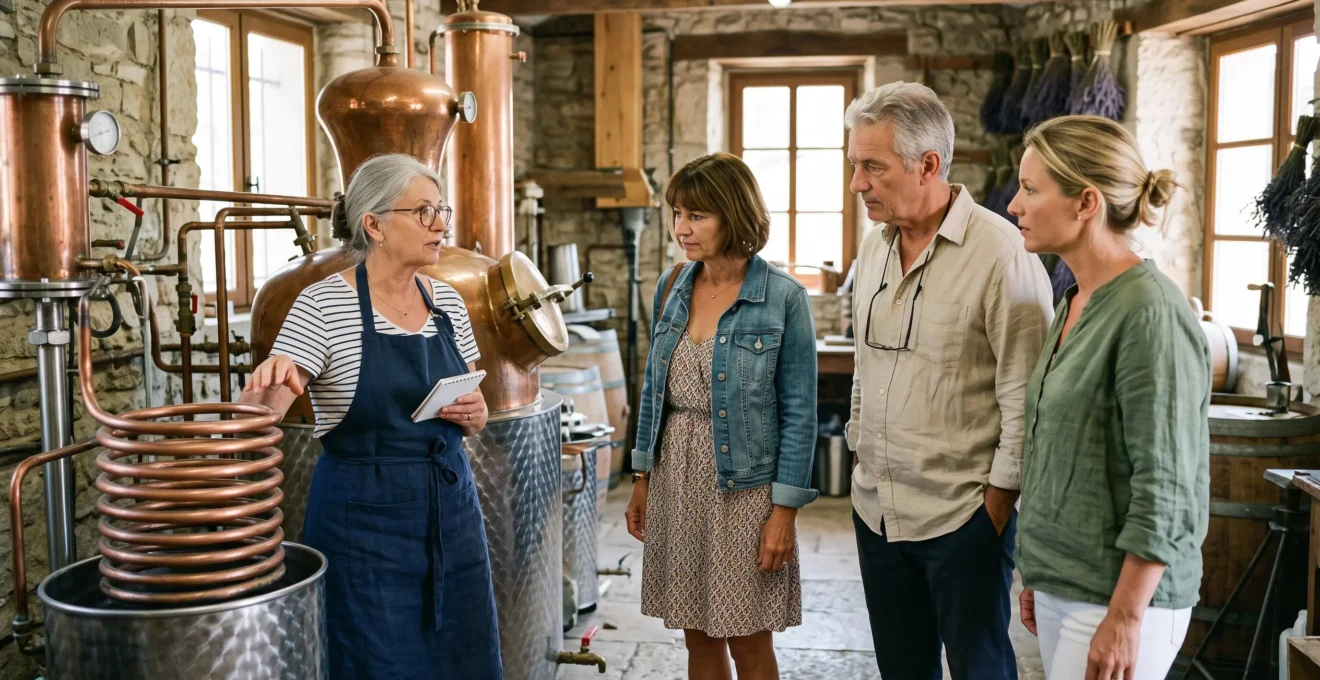 Un guide expliquant le fonctionnement de l'alambic en cuivre à un petit groupe de visiteurs dans une distillerie provençale.