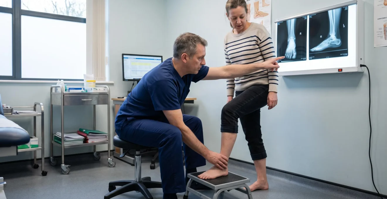 Un chirurgien examine le pied d'un patient devant des radiographies éclairées