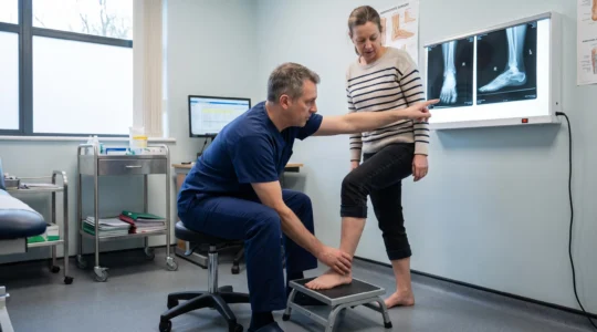 Un chirurgien examine le pied d'un patient devant des radiographies éclairées