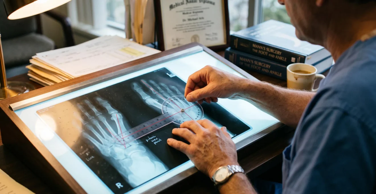 Un chirurgien mesure des angles osseux avec un rapporteur sur une radiographie de pied