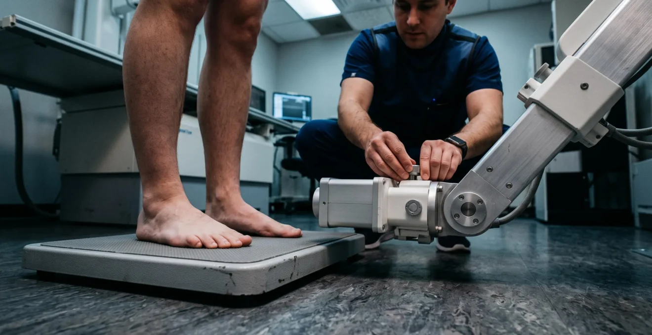 Un patient en charge sur la plateforme pendant qu'un manipulateur règle le tube de radiographie